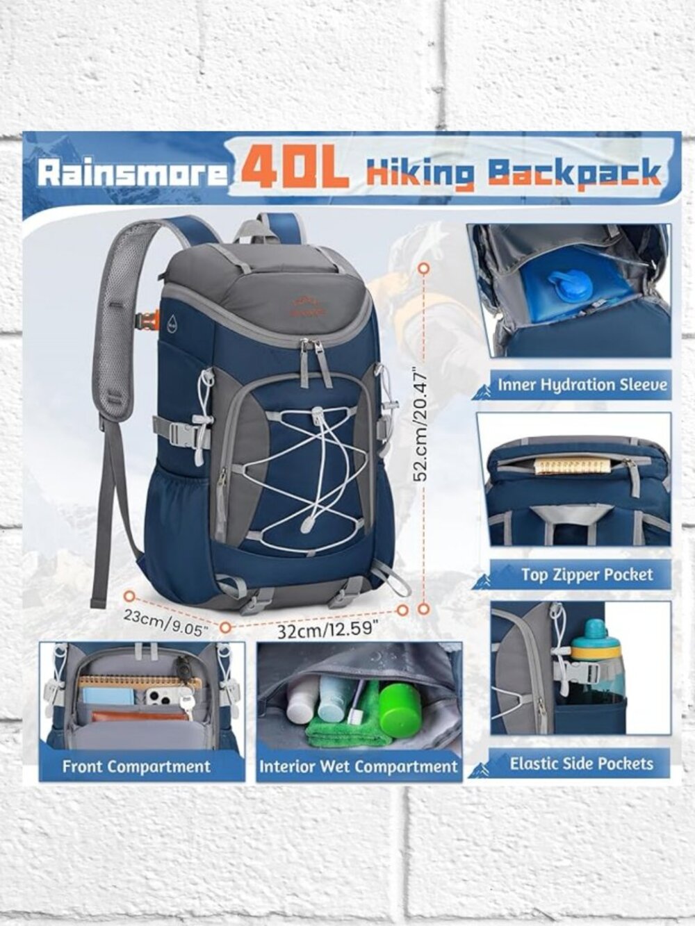 NWT! Rainsmore Lightweight Packable 40L Hiking Travel Backpack - Top Load